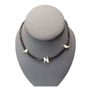 VTG Zuni Fetish Child's Necklace Carved MOP Birds on Dark Coco Heishi Beads